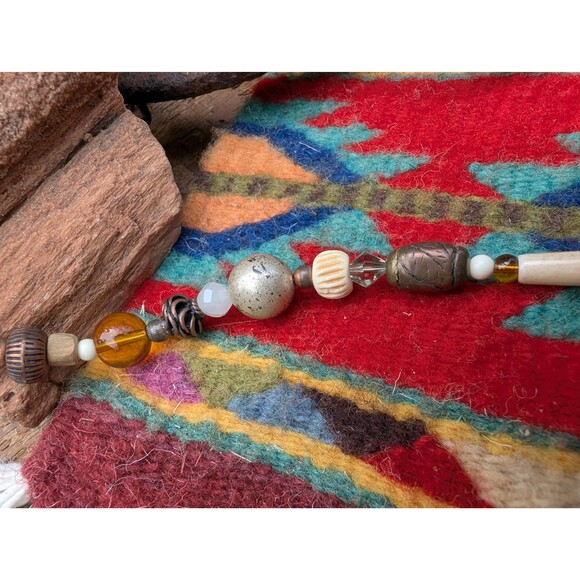 Vintage Glass, Wood & Bone Tribal Necklace, Unisex Beaded Necklace - Picture 6 of 10